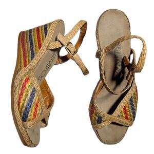 Vtg 1970s Socialites Rainbow Jute Buckling Ankle Strap Espadrille Sandals Sz 6
